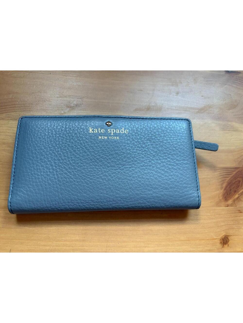 Kate Spade New York Blue Pebbled Leather Wallet Snap Tab Long Wallet Zip Pocket